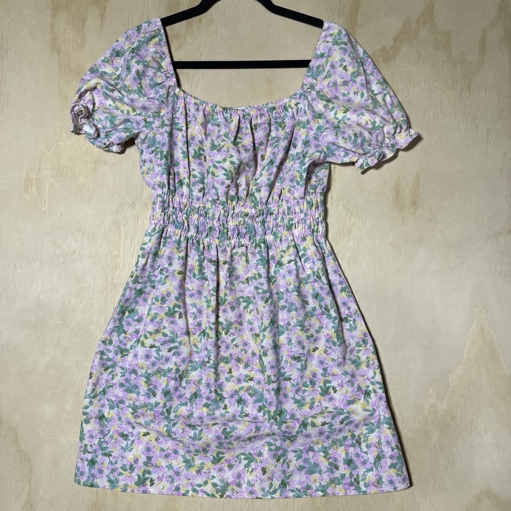 Iris‎ Women's Floral Puff Sleeve Smocked Mini Dress Cottagecore Lavender Large